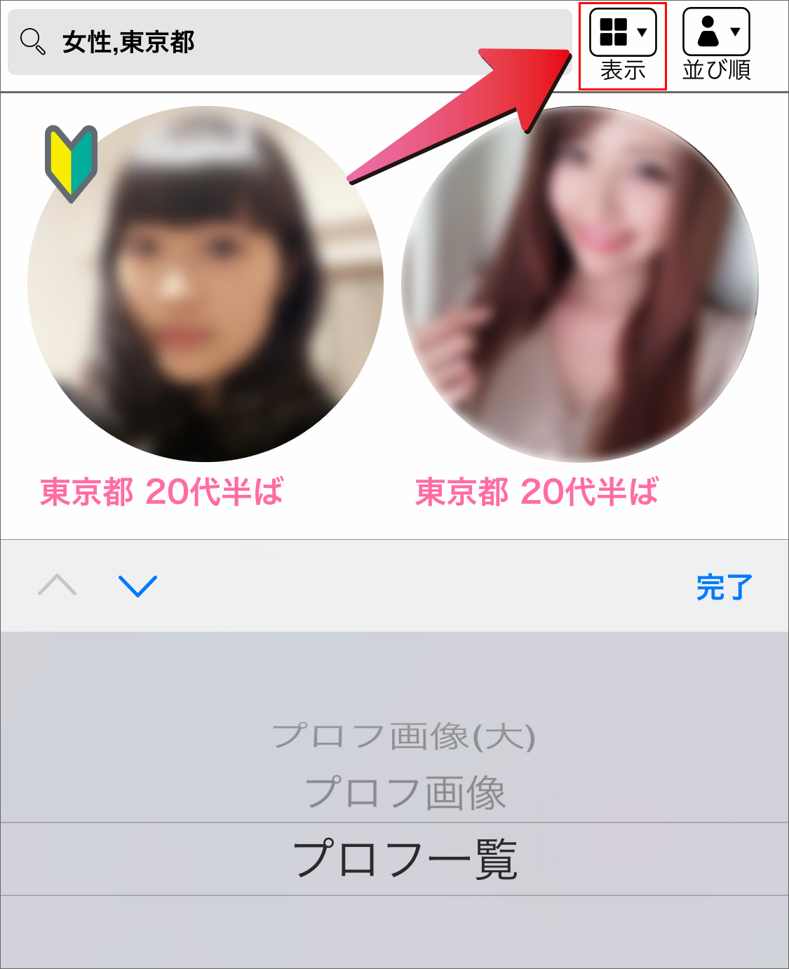 プロフ検索　表示形式を変更